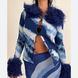House of Sunny city of angels Blue Patterned Faux-Fur Trim Knit cardigan